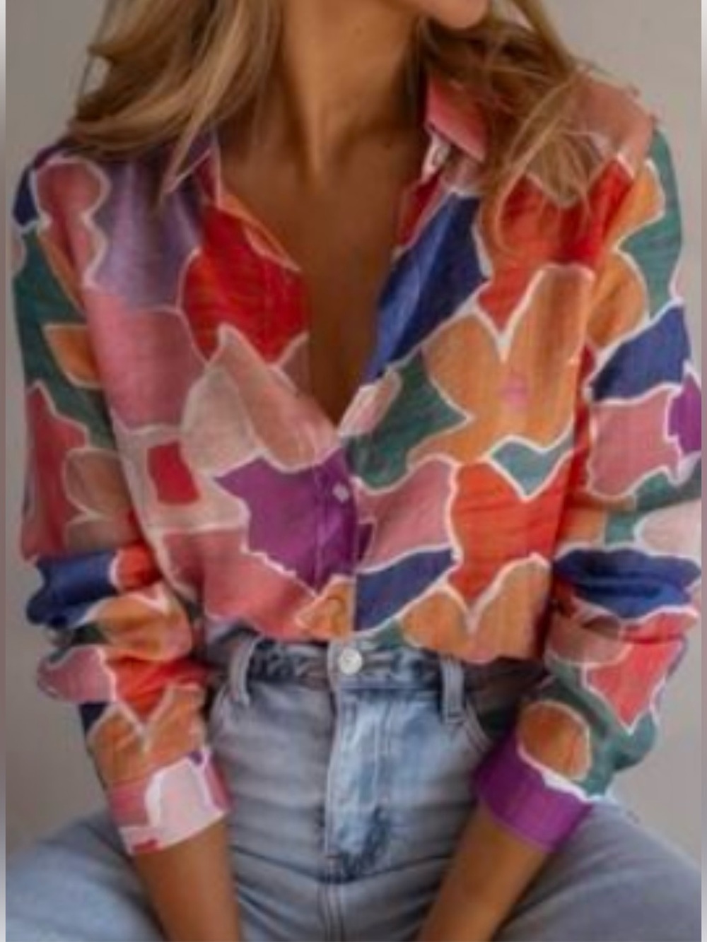 Easy Clothes Abstract Multicolor Floral Button-Up Blouse Size Medium